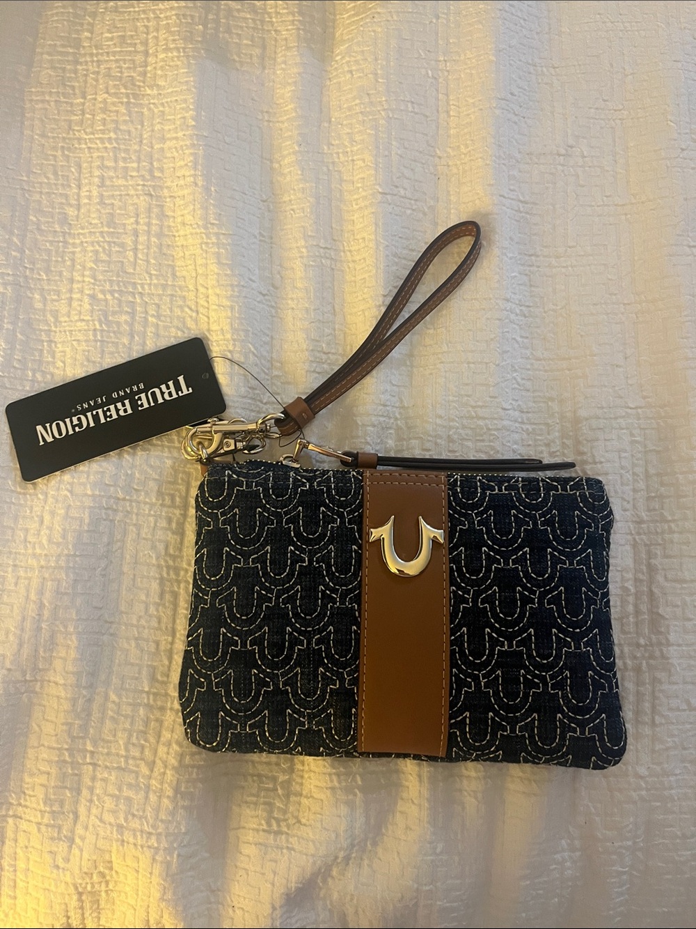 True Religion Black Denim Wristlet with Tan Strap